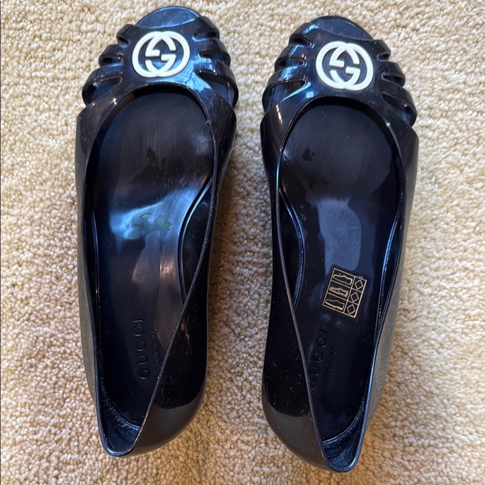 Gucci Black Peep Toe Jelly Wedge with White Logo Embellishment